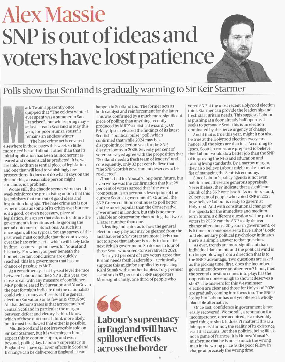 Yes! '@theSNP has run out of ideas, & voters are running out of patience' writes @alexmassie! 👏 'The predictably chaotic launch of the #hatecrime bill piles more pressure on @HumzaYousaf / @ScotGovFM as polls show Scotland warming to Sir Keir Starmer' 🇬🇧 thetimes.co.uk/article/snp-ru…