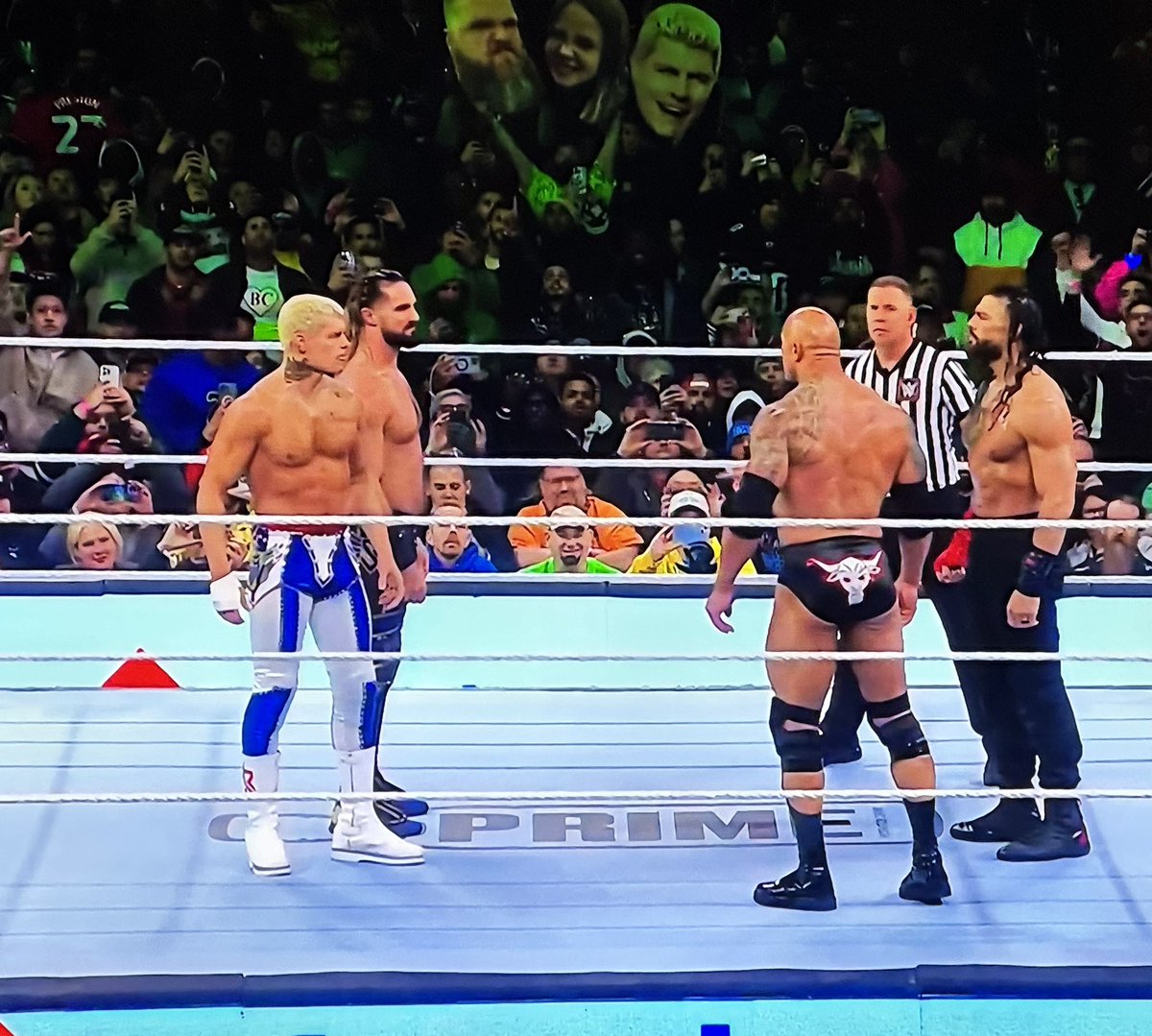 The main event for night one of #WrestleMania  featuring @TheRock and @WWERomanReigns versus @WWERollins and @CodyRhodes was top notch storytelling and hard hitting action!!