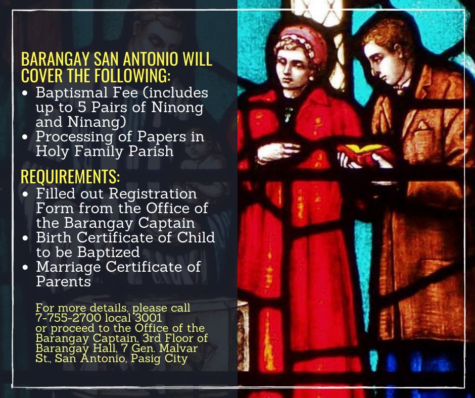 BSA LIBRENG BINYAG PROGRAM continues! ✨ Since 2018, mayroong 75 na #BatangSanAntonio tayong napabinyagan. 👼🏻 Ongoing parin ang collaboration ng @bsapasig at Holy Family Parish. 🤝🏻 Please see poster for more details. 💡 #BSALibrengBinyag #BSAxHFP #BSACollabs