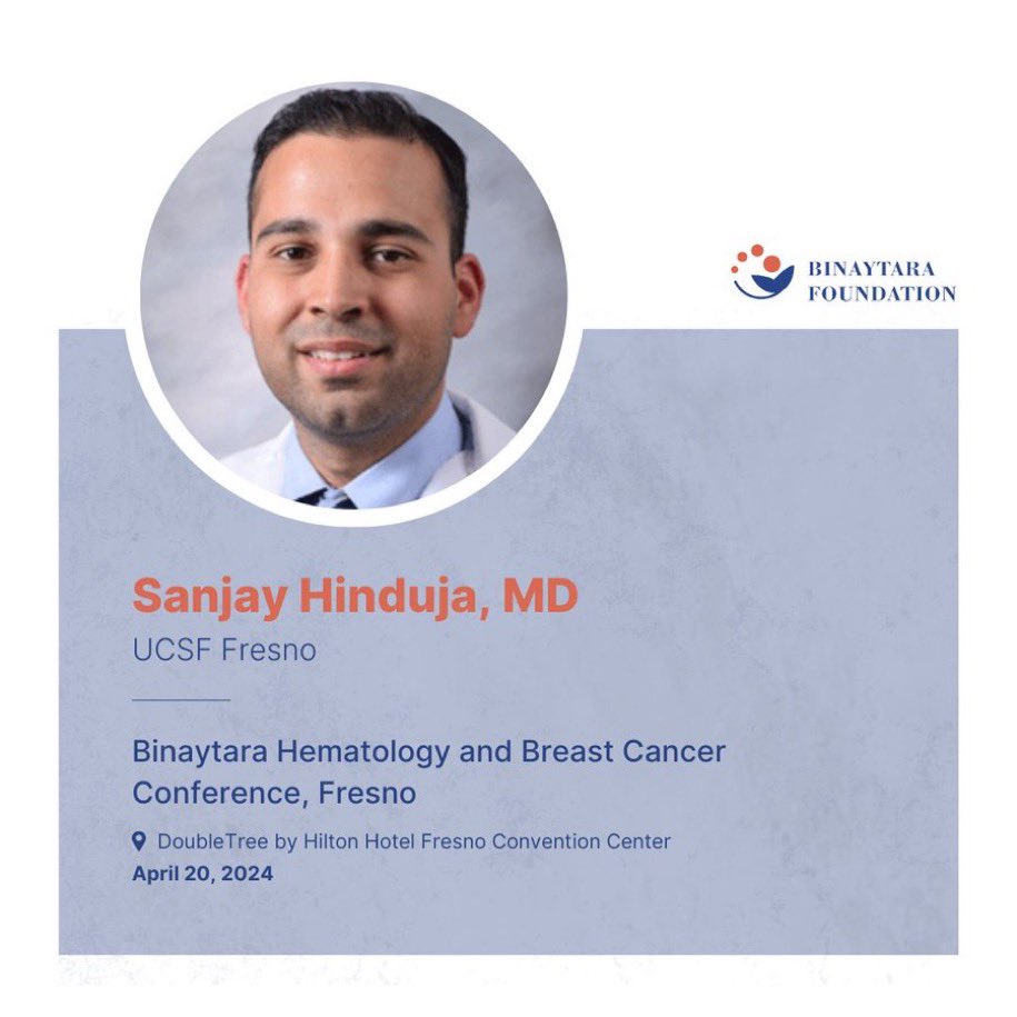 @btfoundation Thankful to have Dr. Sanjay Hinduja (@UCSFFresno) as a co-chair of Binaytara Hematology and Breast Cancer Conference, Fresno! 🗓️ April 20, 2024 📍 DoubleTree by Hilton Hotel Fresno Convention Center ➡️ education.binayfoundation.org/content/binayt… #CME #oncology #hematology #healthcare