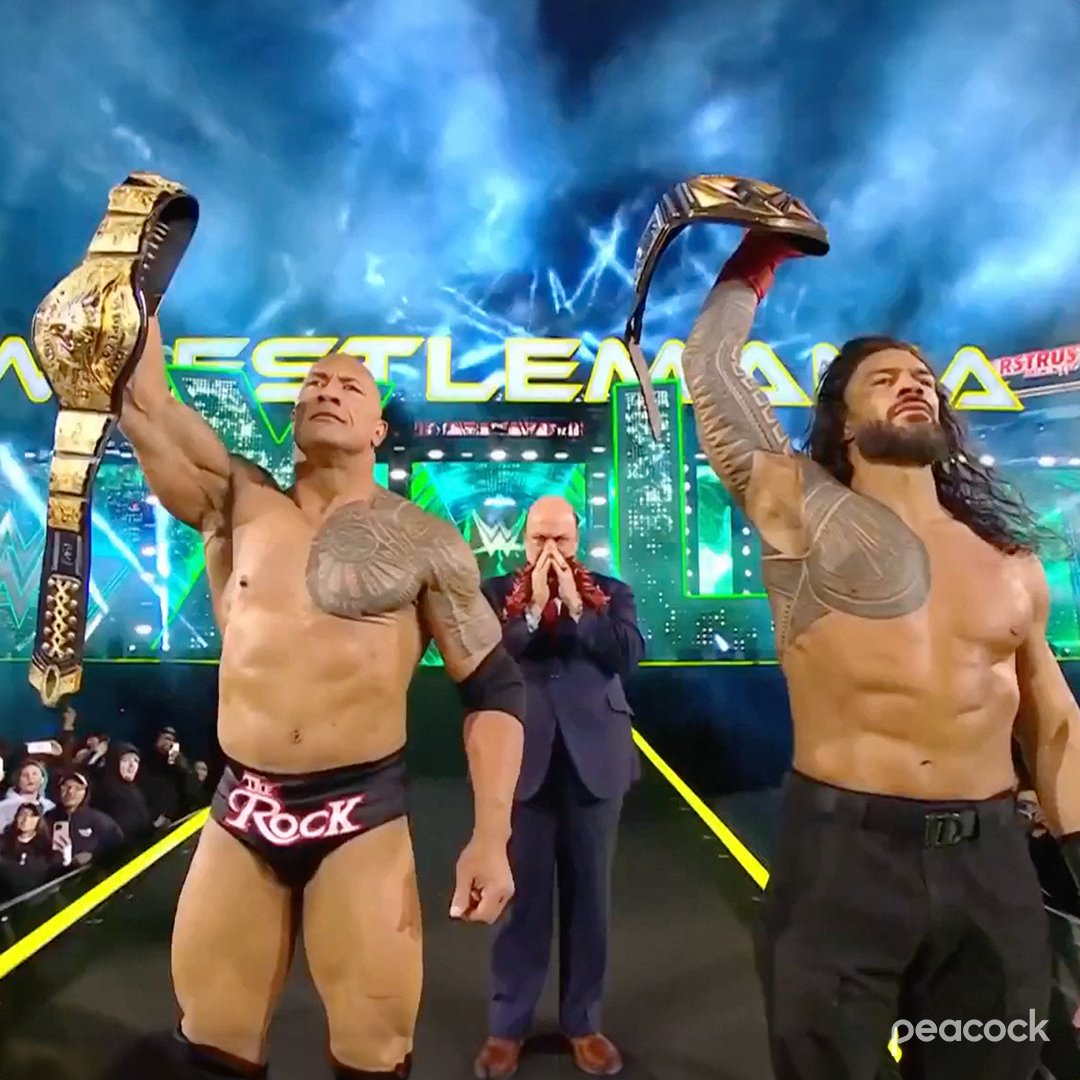THE ROCK AND ROMAN REIGN SUPREME 👑

#WrestleMania is streaming now on Peacock.