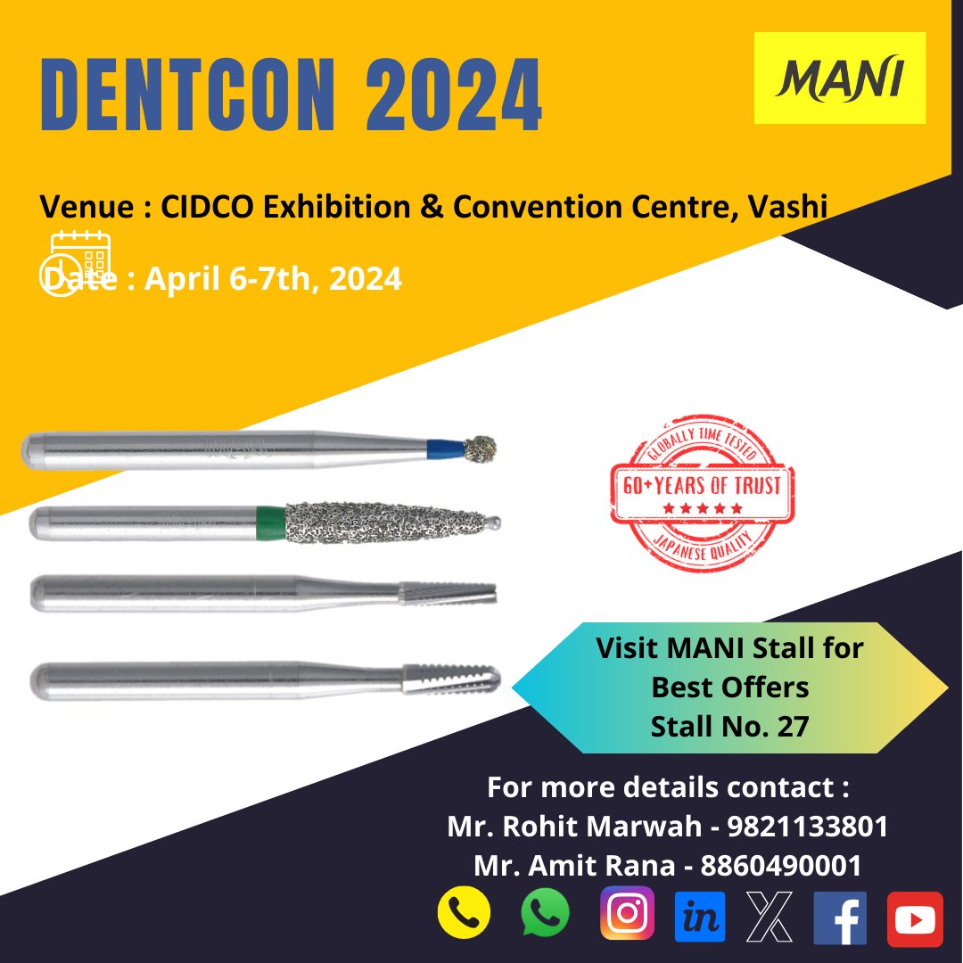 ManiMedicalInd's tweet photo. #DENTCON 2024🎆
Thank you #Dentist for Amazing response on Day 1⃣
Visit #MANI Stall No. 27 &amp; get #Amazing Offers🎁
Day 2⃣
Venue : CIDCO Exhibition &amp; Convention Centre, Vashi🚘
#MANI A BRAND WITH 65+YEARS OF TRUST💝

#JIZAI #dentist #dentistry #dental #dentalcare #dentistofindia https://t.co/QsrKR40TUJ