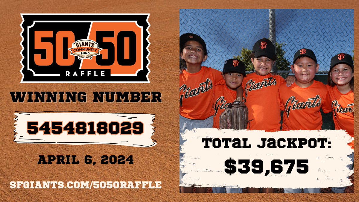 Tonight's 50/50 Raffle winning number is 5454818029. Please email 5050raffle@sfgiants.com if you have the winning number.