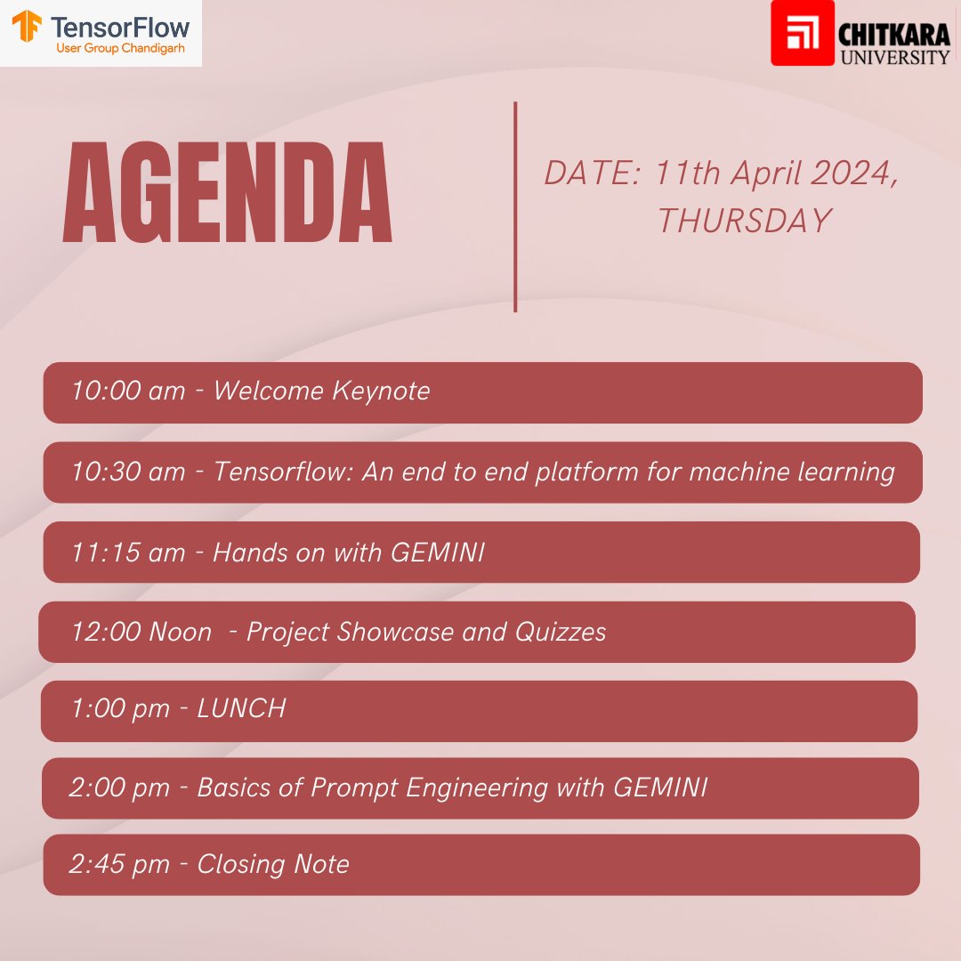 AI Unleashed Agenda is out now 🥳✨ We can't wait for all @chitkarau students to hop on to this Gemini ride with us. See you all on 11 April 2024 🌟 #Gemini @TFUGIndia