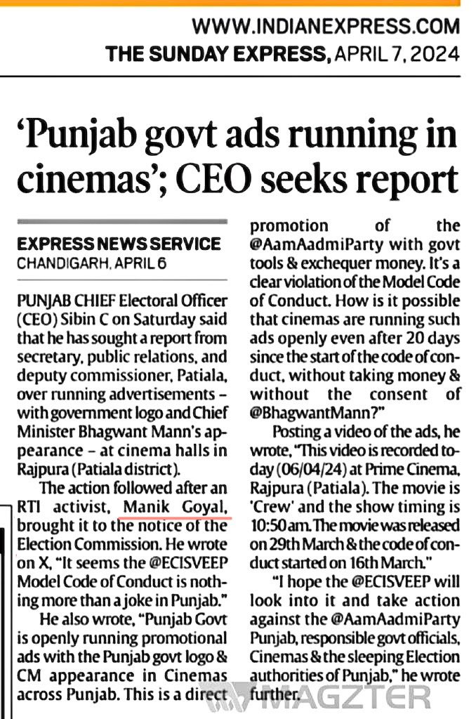 On my complaint, @TheCEOPunjab has sought a report from the Secretary,Public Relations Department & @DCPatialaPb . Punjab government was openly running promotional advts in cinemas across Punjab even after 20 days of the start of moral code of conduct. Hopefully,concrete action…