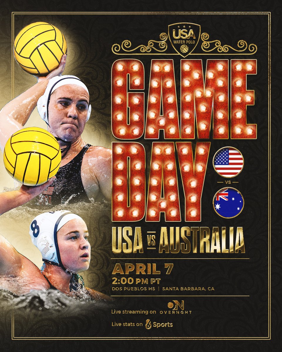 It's GAMEDAY in Santa Barbara! @TeamUSA Women 🇺🇸 vs @WaterpoloAus 🇦🇺 ⏰5pm et/2pm pt 📍Dos Pueblos HS 📺@OvernghtMedia Overnght.com 📈@68_Sports scores.6-8sports.com/scoreboard 🎟️FREE ADMISSION