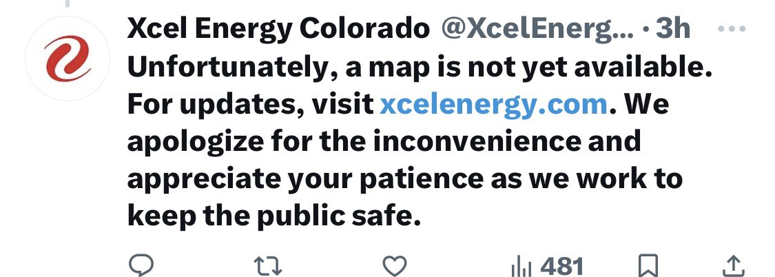5+ Hours after shutting off power to tens of thousands of people, Xcel has released a map (made on Microsoft Paint?) showing the shutoff areas. 

Xcel previously told customers a map was not available.
