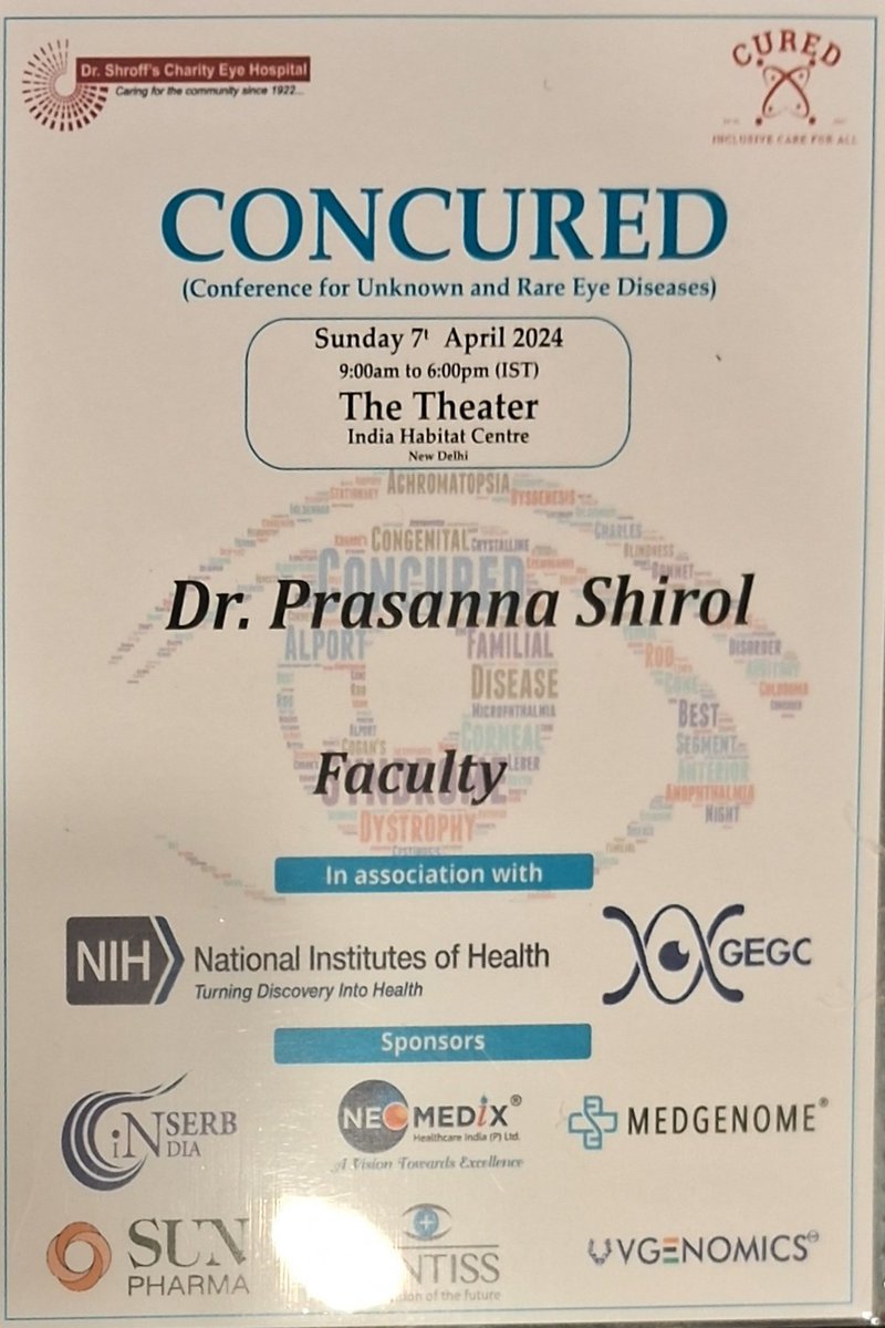 Happy to speak at #concured conference for unknown and #rare #eyediseases conducted by @shroffdaryaganj @NIH #cegc #cured at #NewDelhi . It is encouraging to see activities from different specialities after #raredisease #policy in #bharat. @ORDIndia