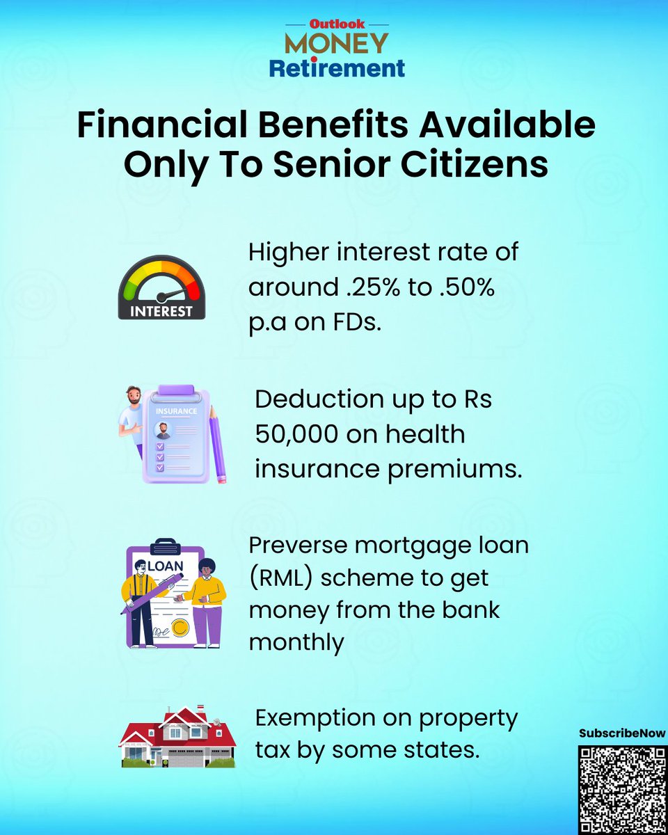 A senior citizen is entitled to a few important financial benefits! The benefits available to senior citizens in India range from tax exemptions to better returns on investments and much more. 

Read More: tinyurl.com/mr2cxb7d

#outlokretirement #financialbenefits #seniors