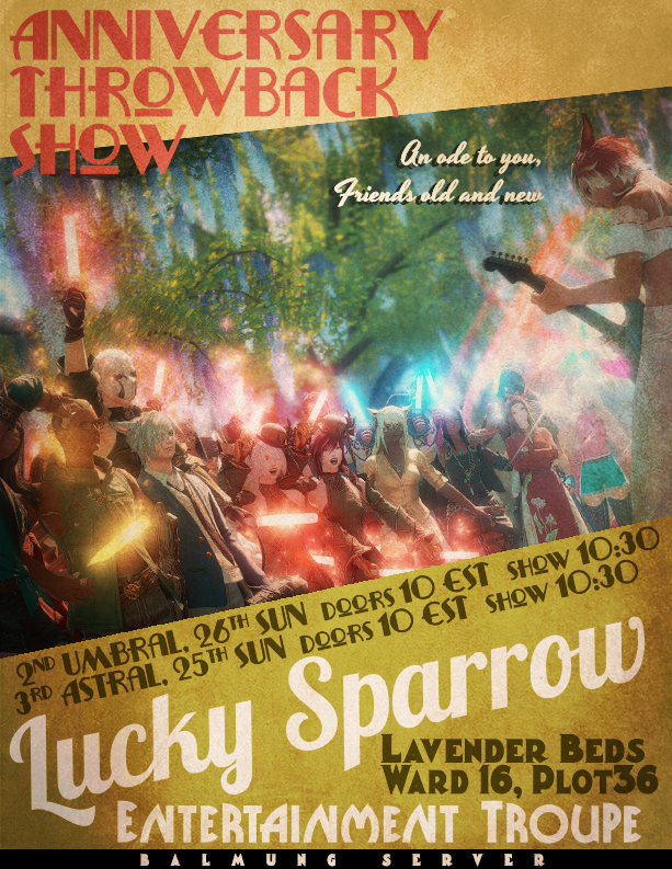 darkredphantomx's tweet photo. Lucky Sparrow will be performing again!
Join us Friday, April 26th at 10PM EST and Saturday, May 25th at 10PM EST
https://t.co/GJ6sIFFHZG

#ffxiv #RP #LuckySparrow #Balmung https://t.co/hFHBoruq8U