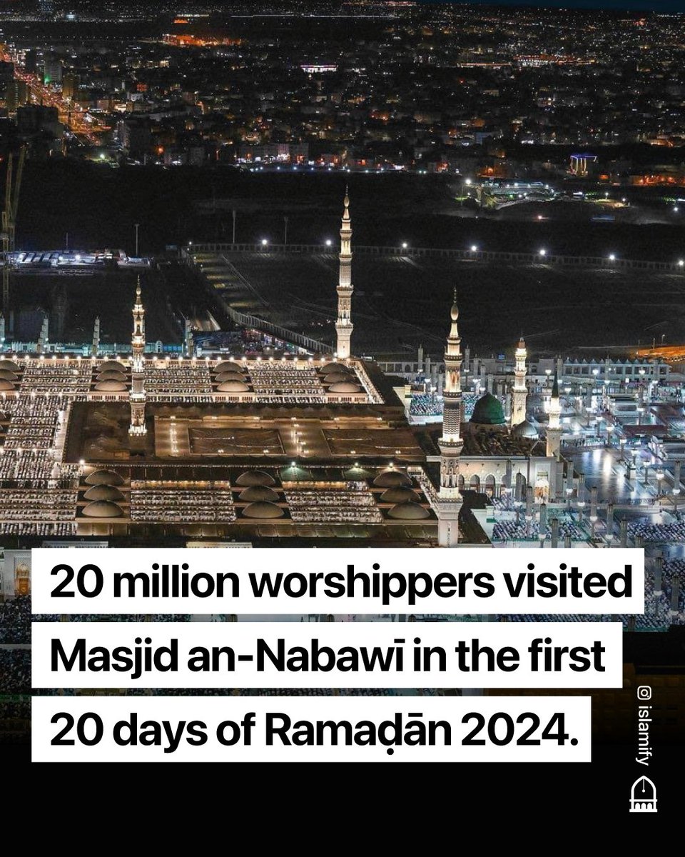 During the first 20 days of Ramaḍān 2024, 20 million worshippers visited the Masjid of the Prophet ﷺ in Madīnah.
