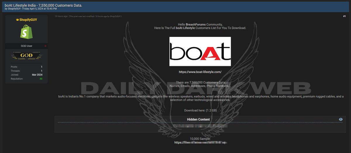 AnkitRajSharmaZ's tweet image. ⚠️ A massive data breach at Boat Lifestyle of Aman Gupta.
🗄️ Customer data for over 7.5 million boAt customers has appeared on the dark web. PII is available for purchase on dark web. 💀
#boat #breach #DarkWeb #CyberSecurity