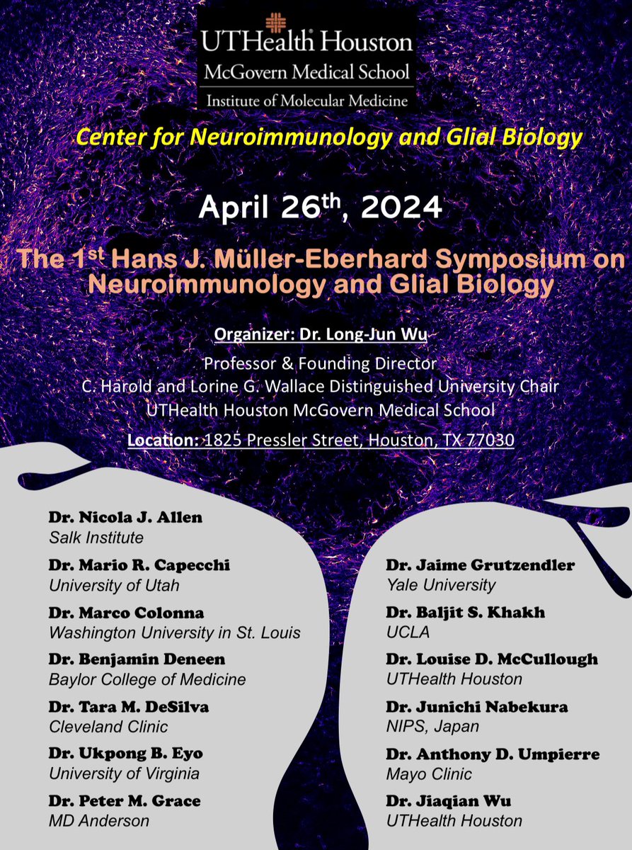 Extremely excited to host the Inaugural Symposium on Neuroimmunology and Glial Biology @UTHealthHouston on 4/26. The symposium honors life of immunologist Dr. Muller-Eberhard, the first director of Institute of Molecular Medicine. Please join us with leading experts in the field!
