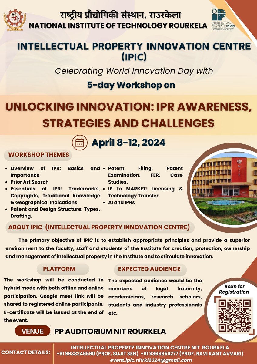 With the aim of promoting awareness, increasing innovation and developing skills on Intellectual Property Rights (IPRs) across various sectors of the community in India, the Intellectual Property Innovation Centre (IPIC) of NIT Rourkela is celebrating World Innovation Day in 2024…