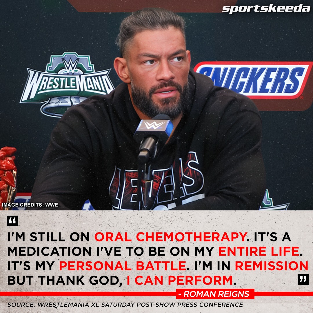 SKWrestling_'s tweet photo. #RomamReigns going through so much daily and still stepping inside the ring. Give him his flowers now. 

#WWE #WrestleManIaXL #ManiaWithSK https://t.co/TYpXkR0hwA