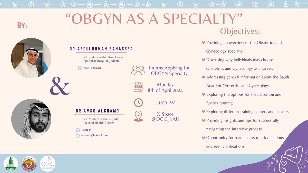 OGC_KAU's tweet image. 📣We are happy to announce our space for all who have been nominated for OBGYN residency program or anyone interested in the specialty🤰🏻

You can write your questions to our speakers here👇
forms.gle/AfeVYf7nNymSa5…

Enable the notification bell not to miss this informative space🔔