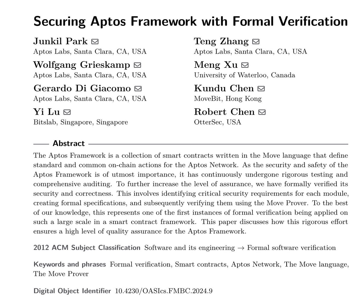 Pre-Proceedings of FMBC-24 -- Formal Methods for Blockchains -- are online! You can find our paper about Securing the Aptos Framework with the Move Prover on page 127. Looking forward to present the work at the ETAPS event later today. fmbc.gitlab.io/2024/files/FMB…
