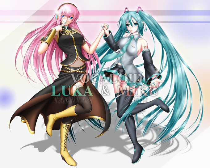 #対になってる絵をあげる
ボーカロイドのルカさんとミクさんの合同絵。
お互いの絵を合わせる必要性がある絵は調整が難しいですね～。😦
自分だけいつもの癖でこっそりと単品用の差分も描いてた…😅 
