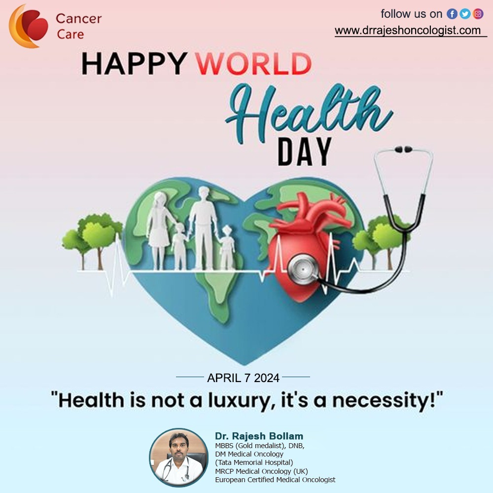 'This World Health Day, let's pledge to prioritize prevention, early detection, and compassionate care in the battle against cancer.' #WorldHealthDay #CancerAwareness #FightAgainstCancer #HopeForPatients #EarlyDetectionSavesLives #CancerResearch drrajeshoncologist.com