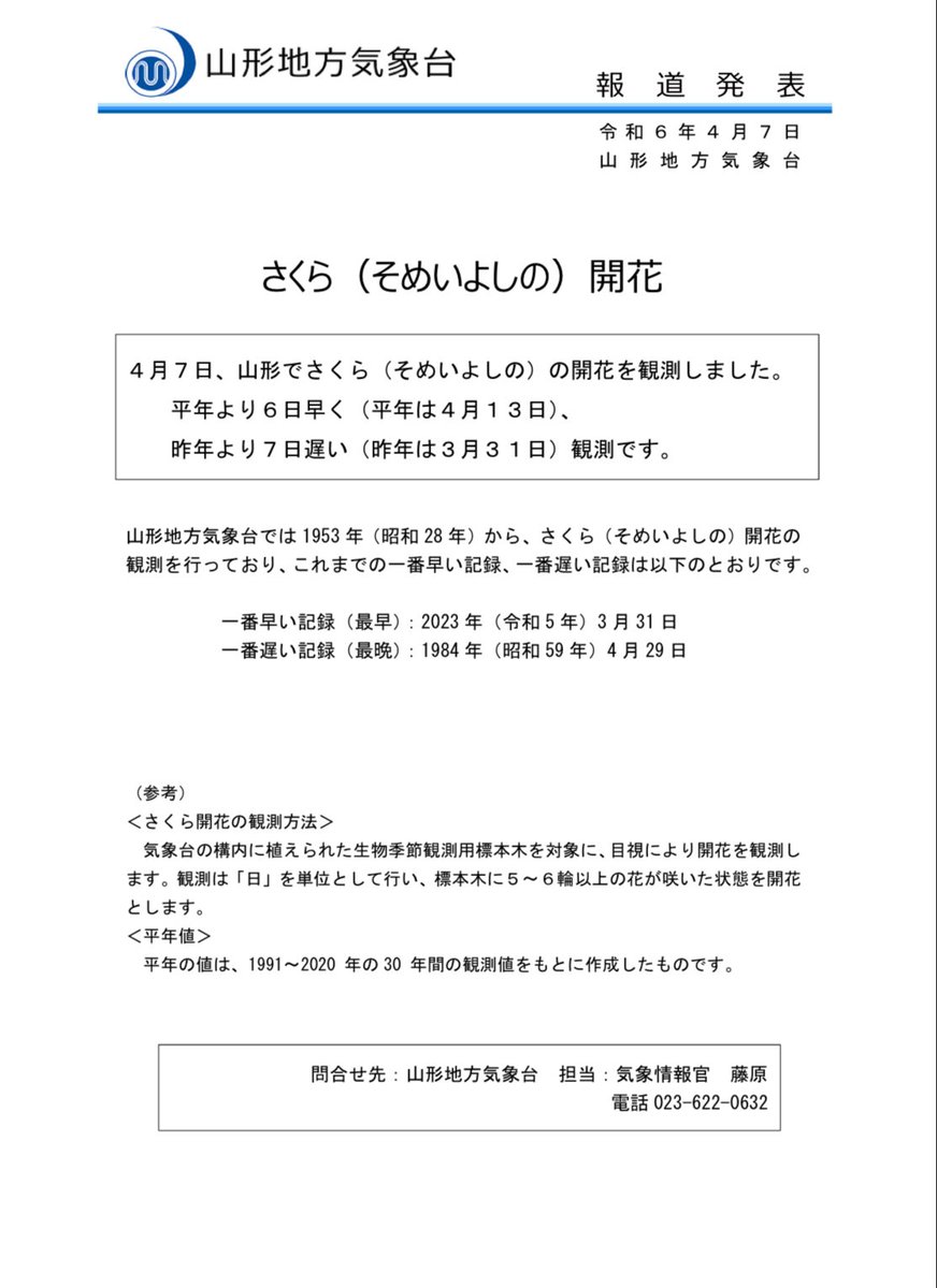 山形地方気象台より、さくらの開花宣言が出されました✋🏻
jma-net.go.jp/yamagata/pdf/i…