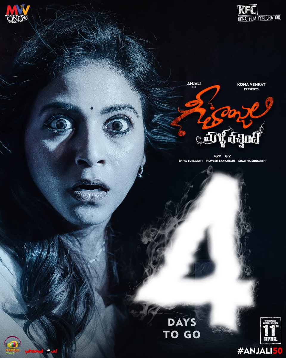 Only 4️⃣ Days to go for #GeethanjaliMalliVachindhi to hit the Big Screens 🔥

#GMVTrailer 👇
youtu.be/km9IDVXXYJg

Grand Release worldwide on April 11th

#GMVOnApril11 #Anjali50