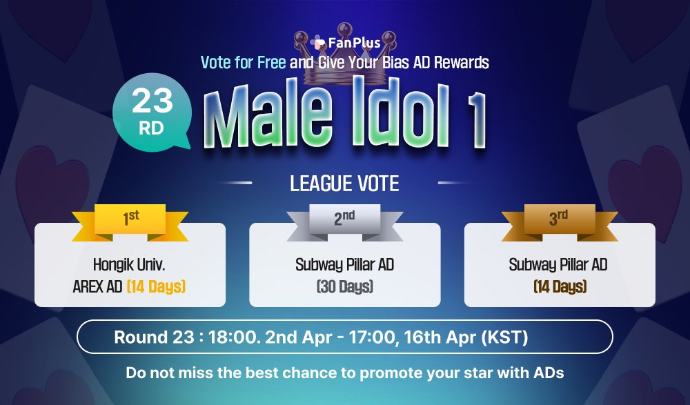 League 1 VOTE - Male Idols 
(Round 23)  Current Ranking

⏰ 4.2 18:00～4.16 17:00まで

Vote #シュガ on #FanPlus right now!
abit.ly/mu3efd