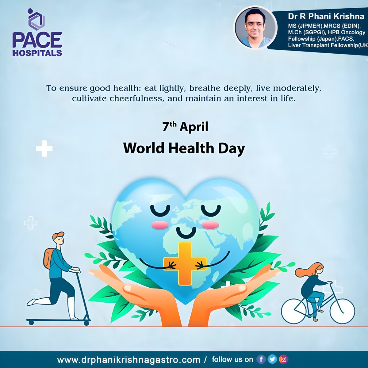 'On World Health Day, let's unite for a healthier tomorrow.'

#HealthForAll #PreventionIsKey #QualityCareForAll #DoctorsSaveLives #GlobalHealthHeroes #HealthyCommunities #EquitableAccess #WellnessWednesday #PublicHealthMatters 

drphanikrishnagastro.com
