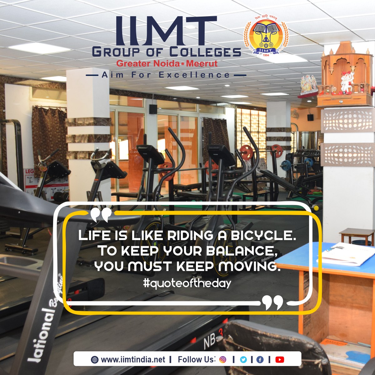 'Life is like riding a bicycle. To keep your balance, you must keep moving.'
.
iimtindia.net
Call Us: 9520886860
.
#quoteoftheday #thoughtoftheday #IIMTIndia #AdmissionOpen2024
#EngineeringCollege #AKTUadmission
#MBAadmission #MCAadmission2024
#CollegeofPharmacy