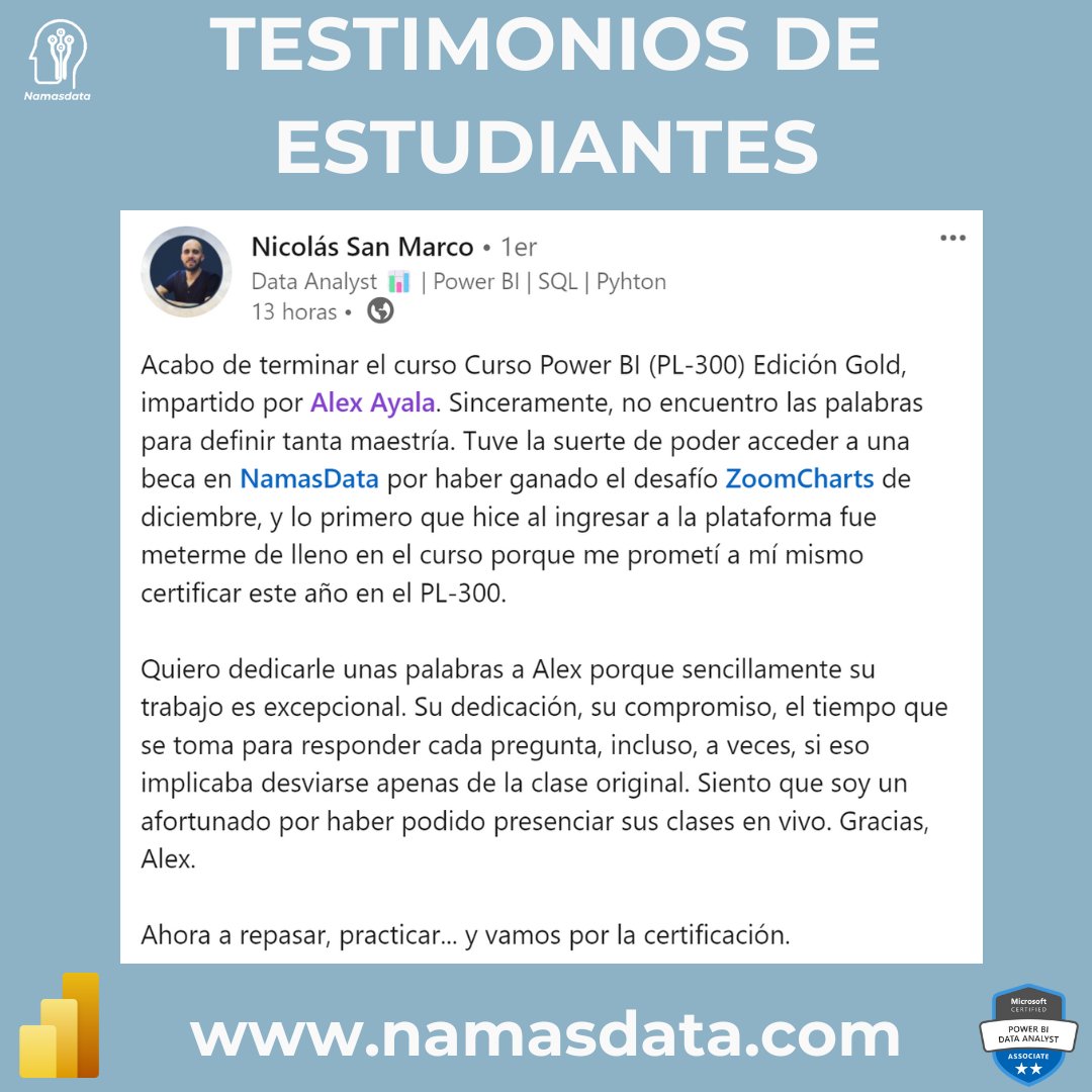 Hoy teníamos previsto anunciar el próximo inicio del curso PL-300 en NamasData. 

Ya estaba escrito el texto, pero al leer las palabras de Nicolás San Marco decidimos borrarlo porque no hay mejores palabras que las suyas.

Muchas gracias, Nicolás😊
