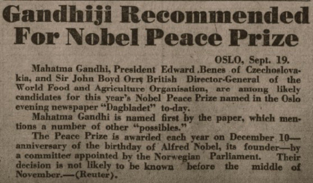 1947 :: Mahatma Gandhi Recommended For Nobel Peace Prize ( @NobelPrize )