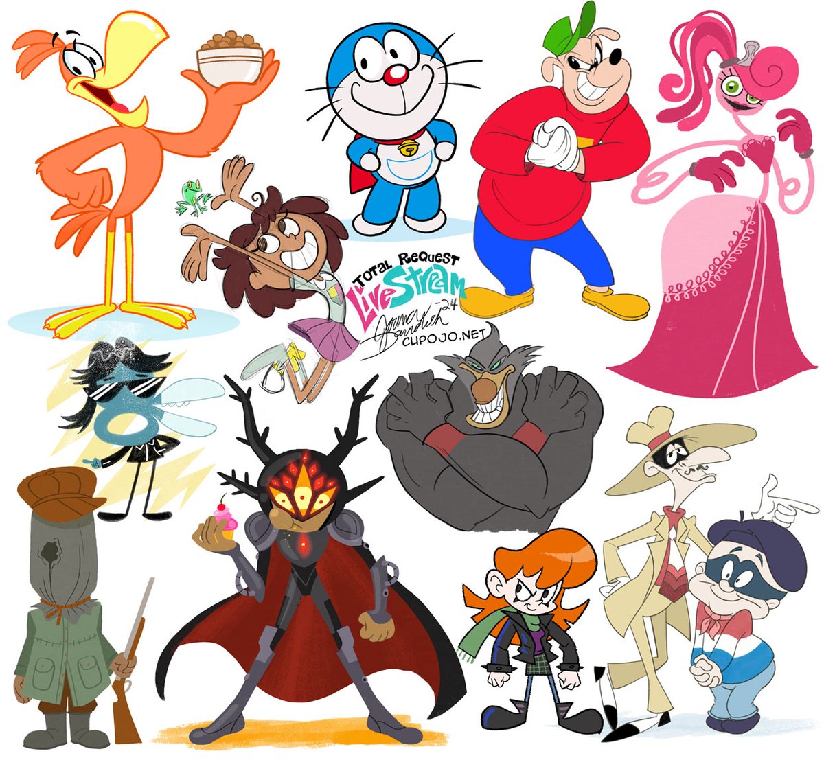 Stream #46 requests are done! #SonnytheCuckooBird of #CocoaPuffs , #Doraemon #Beagleboys , #MommyLongLegs , Anne and Darcy from #Amphibia , Scissors from #RockPaperScissors , the Hunter from #LittleNightmares2 , Drake from #ThePebbleandthePenguin , an OC, #VictorandHugo