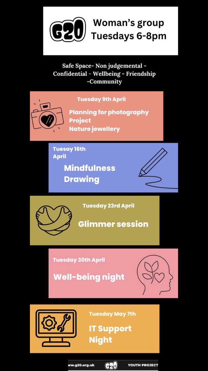 Here’s the schedule for the next 5 weeks of our Women’s group 💞👇🏻 #wellbeing #friendship #community #safespace