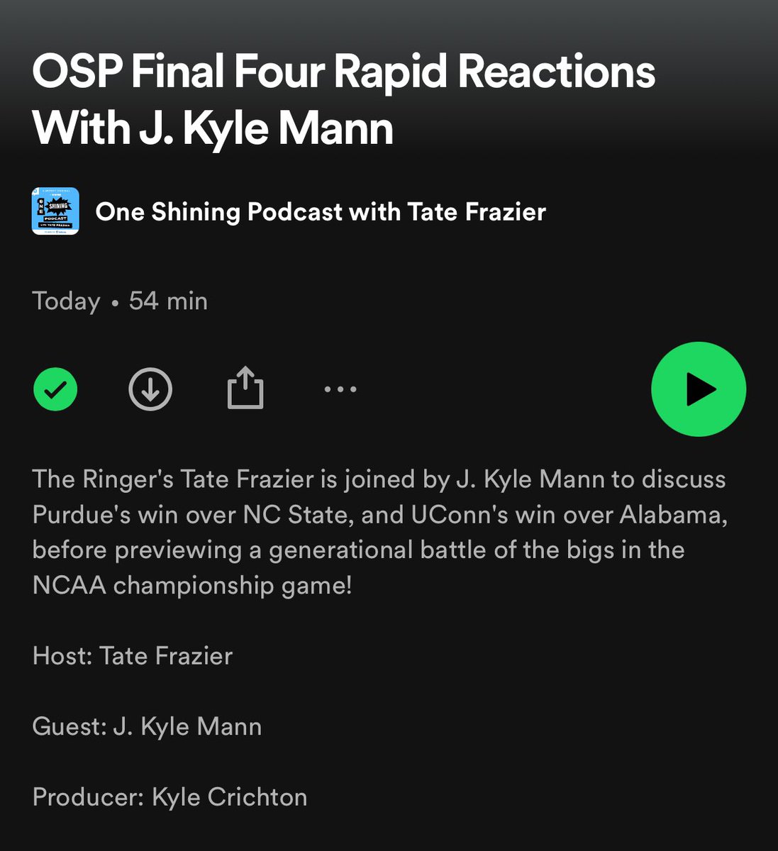 Final Four Rapid Reactions with @jkylemann! Shoutout @TomShady300 for working on a Saturday, can’t wait for the clash of the Giants on Monday night Listen: open.spotify.com/episode/4Re3p7…
