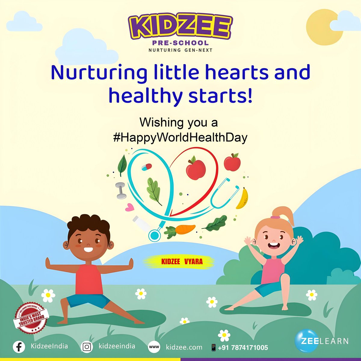 Here's to teaching healthy habits that last a lifetime! Happy World Health Day.

#KidzeePreschoolVyara #Kids #EarlyChildhoodEducation #FunLearning #HappyWorldHealthDay #HealthDay