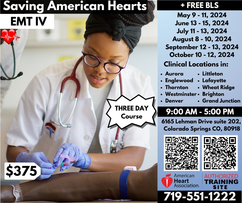 Ready to master intravenous therapy as an EMT? 

savingamericanhearts.com/emt-iv-certifi…

#EMTIV #Certification #IVTherapy #EmergencyMedicalTechnician #EMTTraining #HealthcareEducation #HandsOnExperience #RegisterNow #AdvanceYourSkills #AHA #denver #colorado #Coloradosprings #nurselife #ACLS