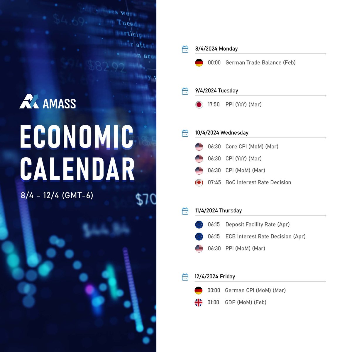 Check out this week's #EconomicCalendar for important market events 🗓

#AMASS #AMIC #assetmanagementcorp #assetmanagement #funds #hedgefunds #hedgefundlife #hedgefundmogul #blockchain #cryptocurrency #liquiditypool #binaryoptions #copytrading