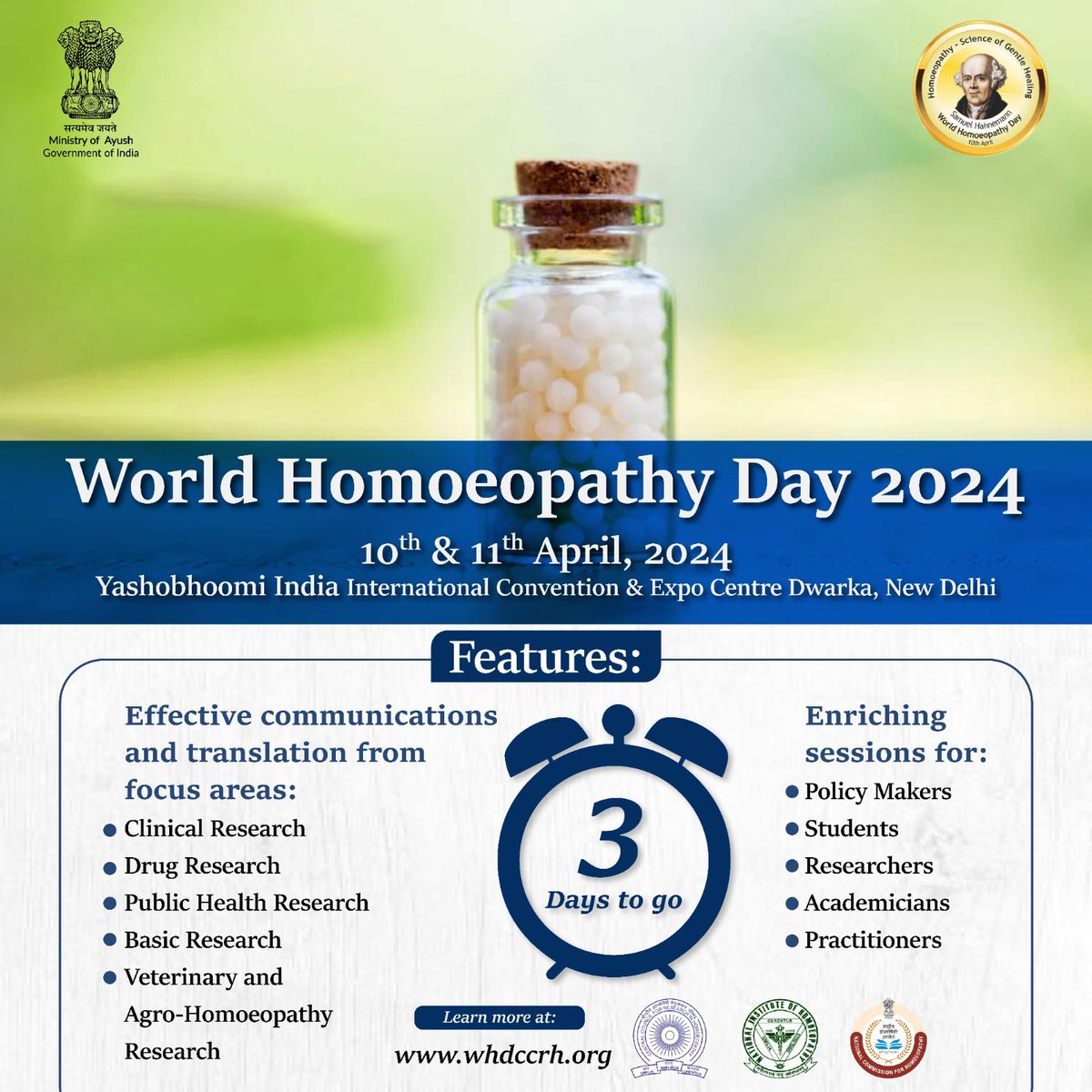 Join us to celebrate #WorldHomeopathyDay2024 on 10th & 11th April which promises to be an enlightening event. Gain insights from experts as we explore the latest research and advancements in homeopathy. Mark your calendars and be part of this exciting journey.
@ccrhindia