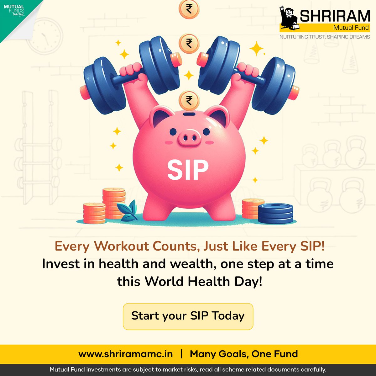 On World Health Day, let's remember: Every Workout Counts, Just Like Every SIP! 📷📷
Investing in our health and wealth go hand in hand, one step at a time. Let's sweat for our well-being and invest for our future prosperity.
#SIPInvesting #Shrirammutualfund #mutualfundsahihai