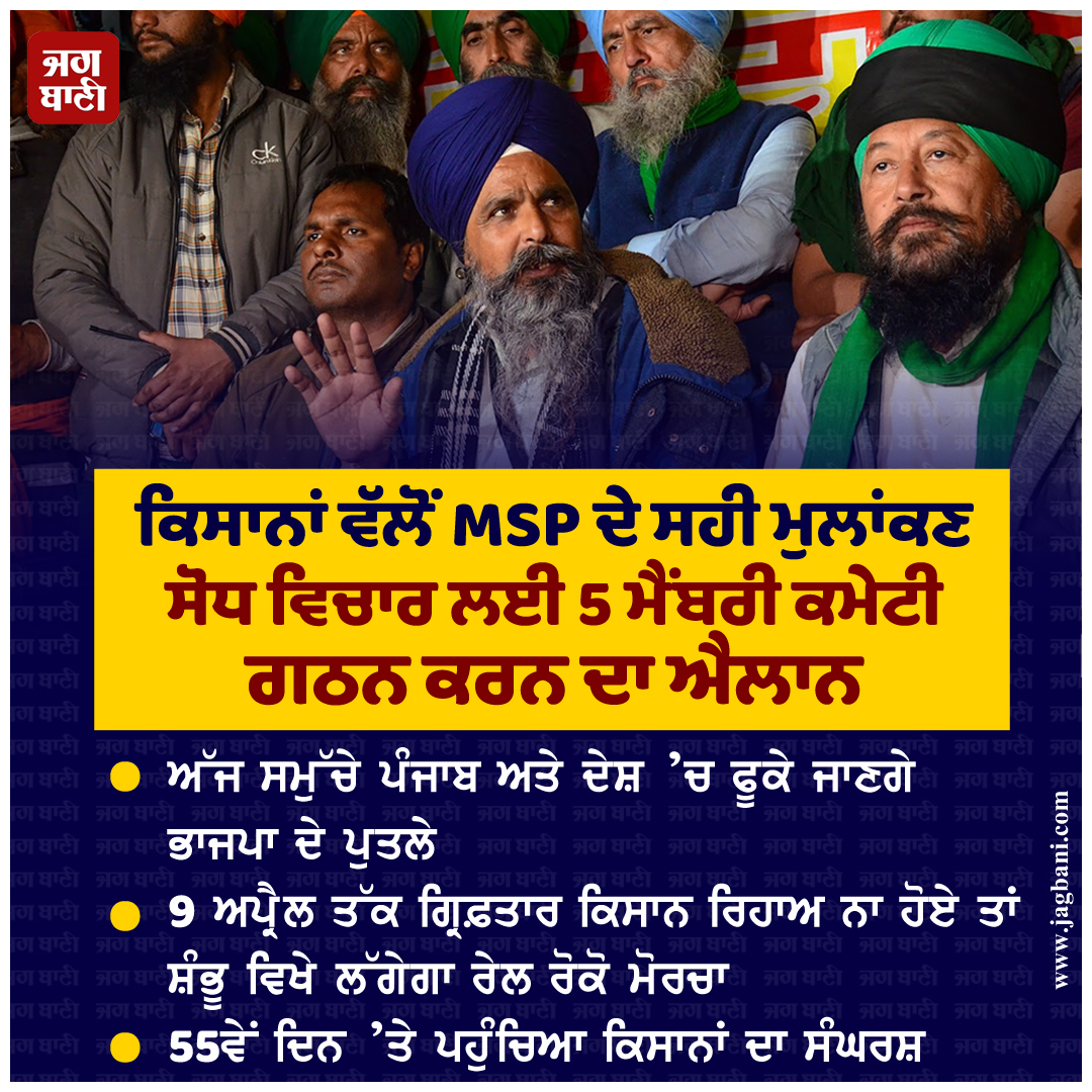 JagbaniOnline's tweet photo. ਕਿਸਾਨਾਂ ਵੱਲੋਂ MSP ਦੇ ਸਹੀ ਮੁਲਾਂਕਣ ਸੋਧ ਵਿਚਾਰ ਲਈ 5 ਮੈਂਬਰੀ ਕਮੇਟੀ ਗਠਨ ਕਰਨ ਦਾ ਐਲਾਨ
#KisanMorcha #Committee #Formation #MSP #April9 #railrokoprotest #Morcha https://t.co/UznqCNsCJh