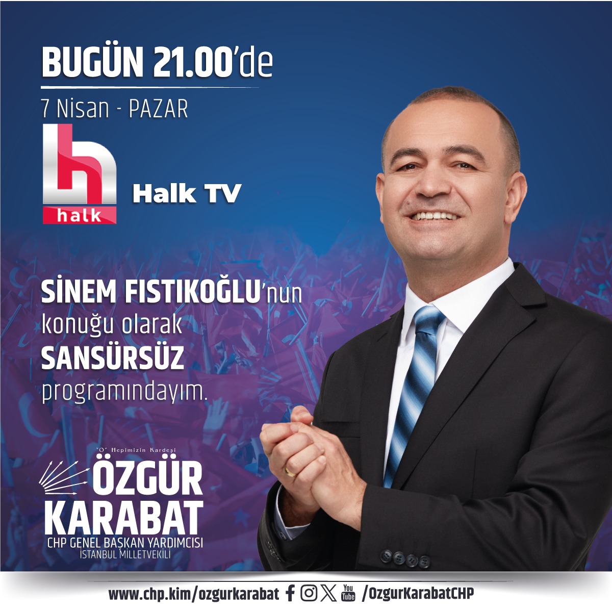 Bugün saat 21:00'de Halk TV'de buluşalım. #HalkTV'de Sinem Fıstıkoğlu'nun sunduğu 'Sansürsüz' programında #seçim sonuçlarını konuşuyoruz. @halktvcomtr @sinemfstk