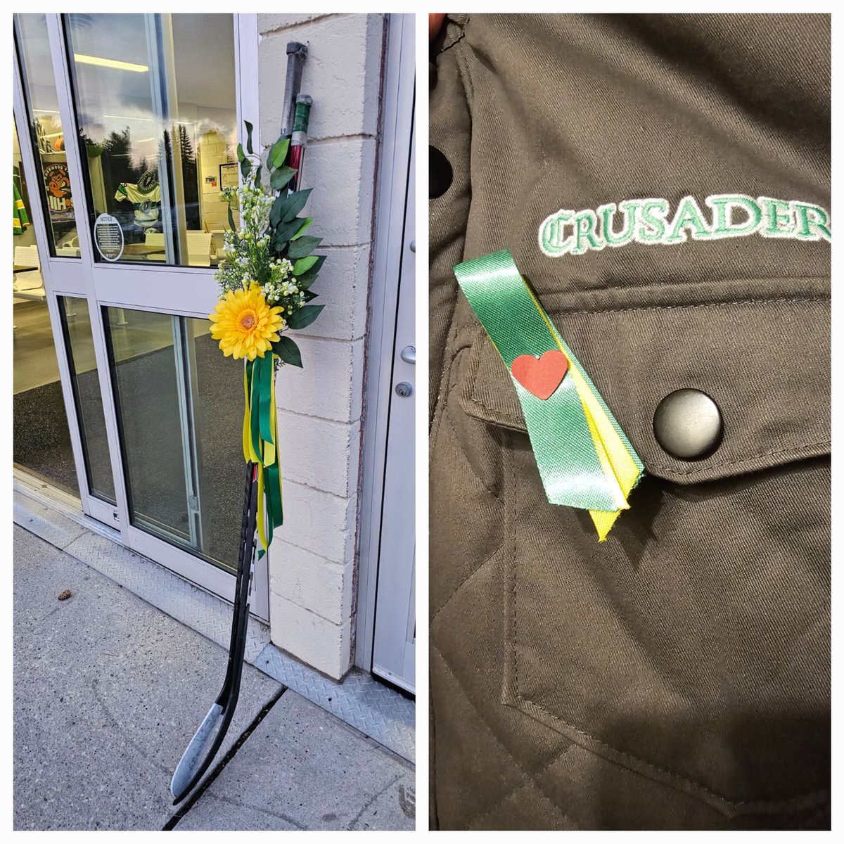 The gussying up of the hockey sticks, the lapels Crusaders staff and volunteers were wearing, all thanks to the heart and skills of @PaigeMatlock. #ThankYou #SticksOutForHumboldt