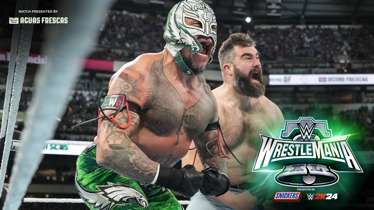 WWE's tweet photo. .@JasonKelce and @LaneJohnson65 destroyed @DomMysterio35 at #WrestleMania allowing @reymysterio &amp; @AndradeElIdolo to capitalize for the win!

RESULTS: https://t.co/SD4hThLQf9 https://t.co/r9sQBALivm