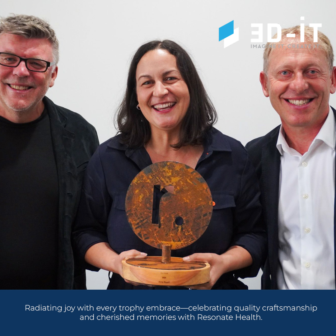 Our bespoke Resonate Health trophies are more than just awards. Witness the happiness radiating from every trophy embrace! 😊 Explore our craftsmanship at 3d-it.co.nz #QualityCraftsmanship #HappyMemories #ResonateHealth #TrophyDesign #CustomTrophies #BespokeTrophies