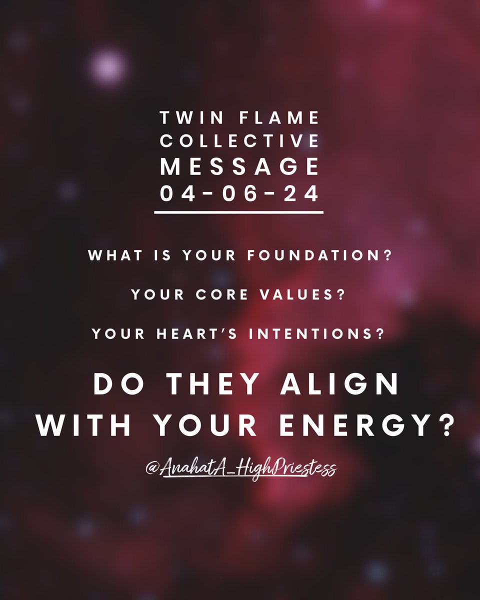 Twin Flame
Collective Message
04-06-24

What is your foundation?

Your core values? 

Your heart’s intentions? 

Do they align with your energy? 

#SpiritualWarfare #TwinFlameJourney #TwinFlameUnion #UnionWithTheDivine #AwakenToYourPurpose