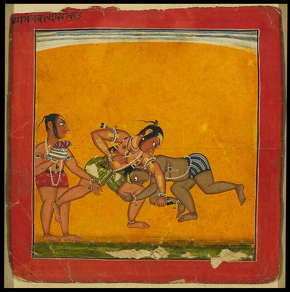 Today is #WorldHealthDay2024 Therefore this c1680 CE #Pahari art from #Basohli #Jammu or #Nurpur #HimachalPradesh of 'Royal Wrestlers' evoking #Raga Malawa #Ragamala from @AshmoleanMuseum on view @metmuseum exhibition 'Indian Skies: Howard Hodgkin Colln of Indian Court Paintings'