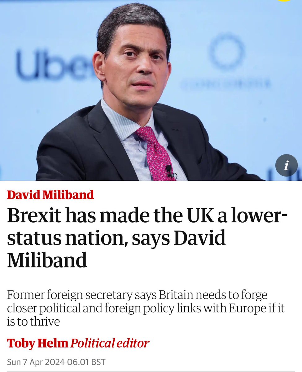 David Miliband goes far further than any policy outlined so far by Labour towards closer working with the EU. He said:

🔴 The UK has lost influence since Brexit to become just one of many “middle powers” in the world <a href="/DMiliband/">David Miliband</a> 

🔴 In order to reverse the decline, the UK needed