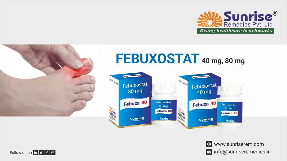 Febuza generic #Febuxostat is a big name in the pharmaceutical world. Manufacturer From Sunrise Remedies Pvt. Ltd.

Read More: sunriseremedies.in/our-products/f…

#Febuza #FebuxostatProducts #ThirdPartyManufacturing #ContractManufacturing #LoanLicense #PharmaCompany #HealthcareProducts