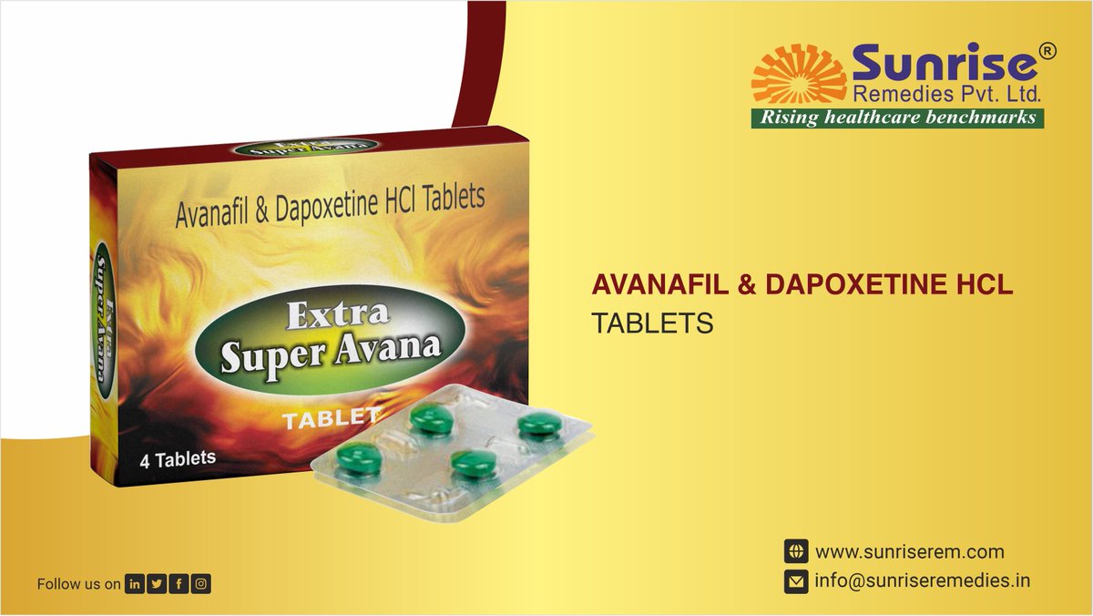 Extra Super Avana Generic #Avanafil & #Dapoxetine Most Popular Products From Sunrise Remedies Pvt. Ltd.

Read More: sunriseremedies.in/our-products/e…

#ExtraSuperAvana #ErectiledysfunctionProducts #PrematureejaculationProducts #EDTreatment #PETreatment #Medicineexporter #Impotence #Sunrise