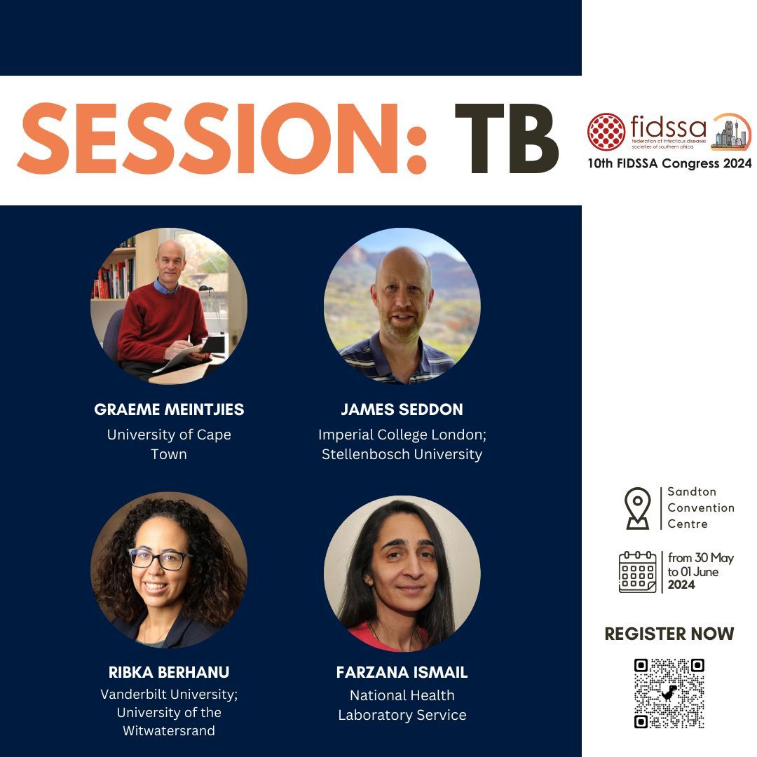 #FIDSSA2024 🦠 Register now buff.ly/4amNpyZ! Don't miss out ⏰ Want an update on DR-TB? New diagnostics? TB in asymptomatic individuals? Paediatric TB meningitis? Then you won't want to miss this session with @graemein, Farzana Ismail, @JamesSeddon10, @DrRibs_SA