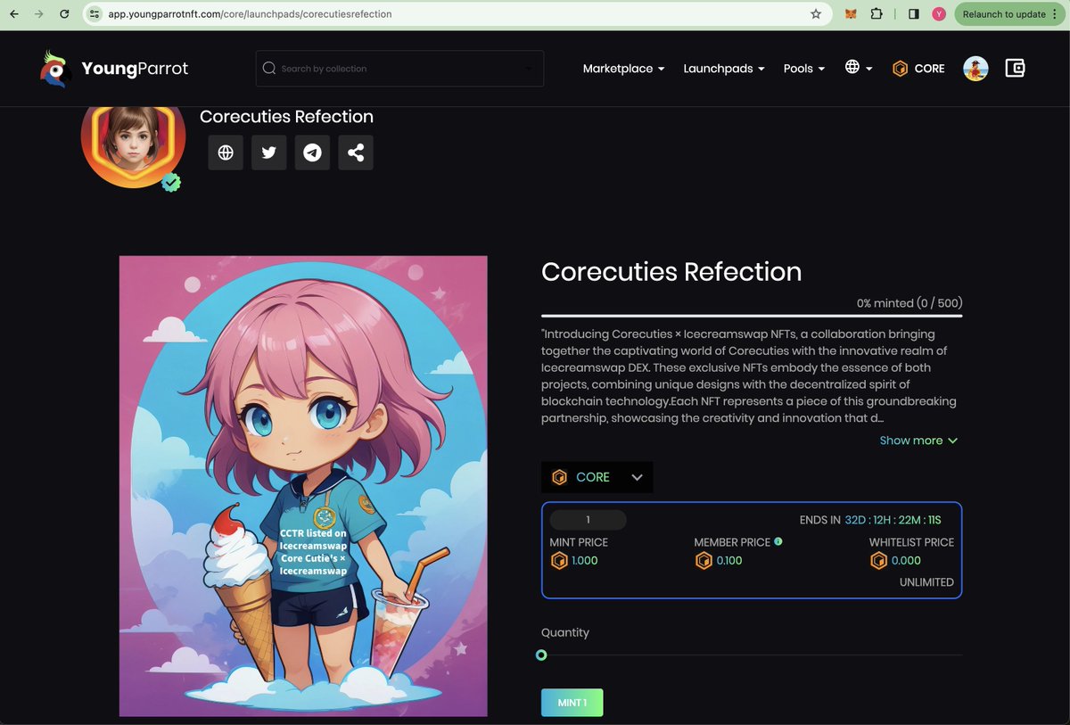 youngparrotnft's tweet image. 🚀🚀🚀New NFT Launchpad

Introducing Corecuties × Icecreamswap NFTs, a collaboration bringing together the captivating world of Corecuties with the innovative realm of Icecreamswap DEX.

Mint at app.youngparrotnft.com/core/launchpad…

@corecuties

#CoreDAO #CORE #YoungParrot #YPC #Launchpads